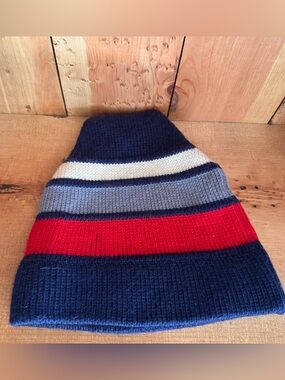 Meister Vintage 100% Wool Striped Knit Beanie Retro Ski Hat Blue Red Grey White